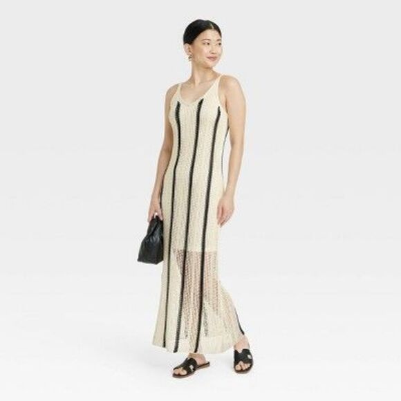 Women's Open Work Maxi Sundress - A New Day Cream/Black Striped XS - Picture 2 of 2